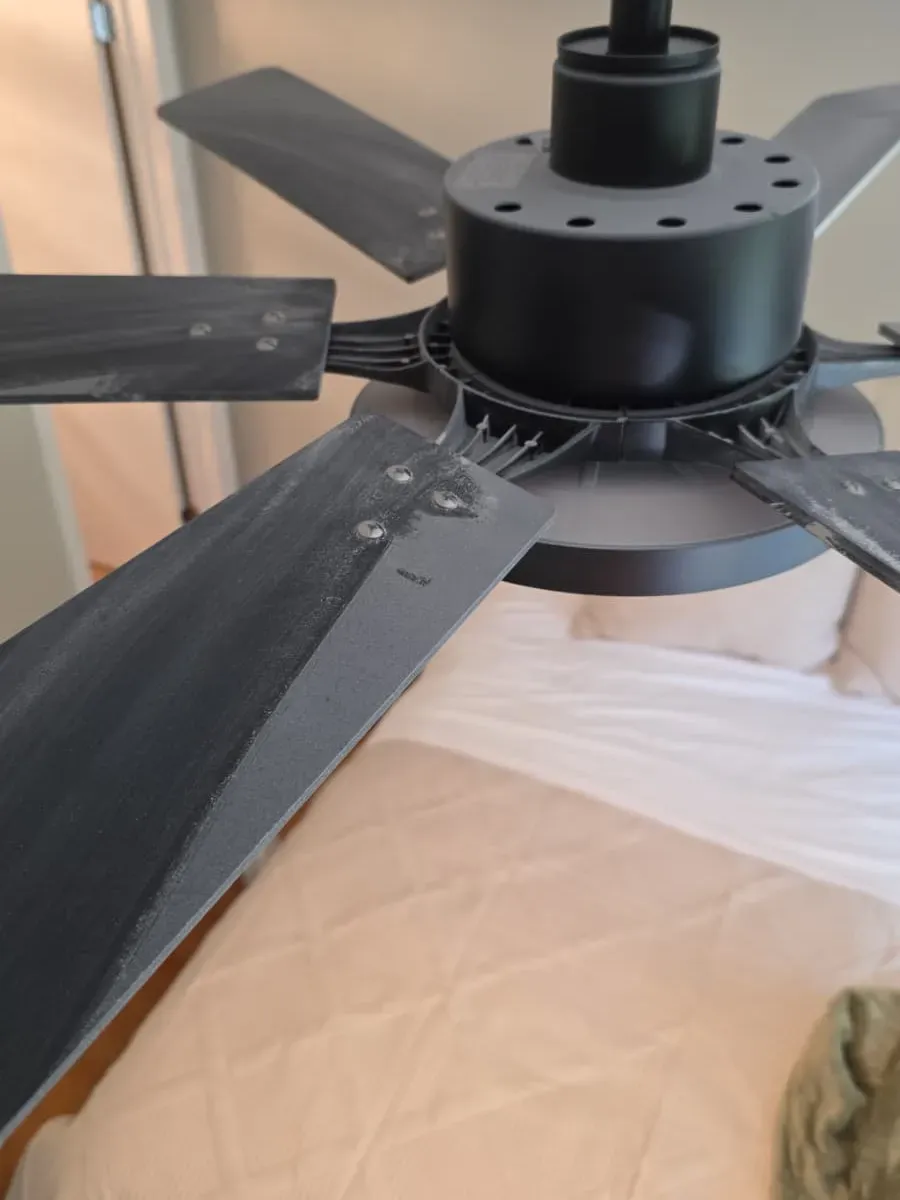 Dusty black ceiling fan blades, before a Brio Cleaning visit